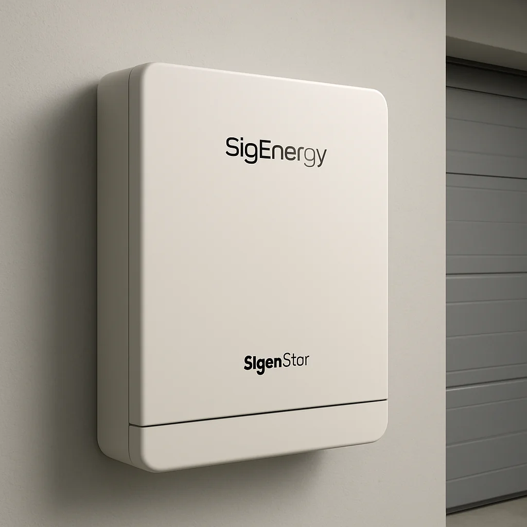Unité SigenStor de SigEnergy, élégante et moderne, installée proprement sur le mur d'un garage ou d'une buanderie, montrant son design compact et unique